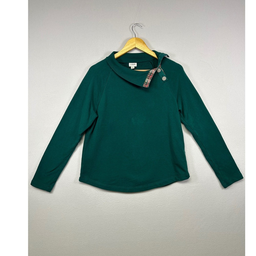 Festive Preppy J.Crew Womens Small Green Plaid Trim Jeweled Button Sweatshirt